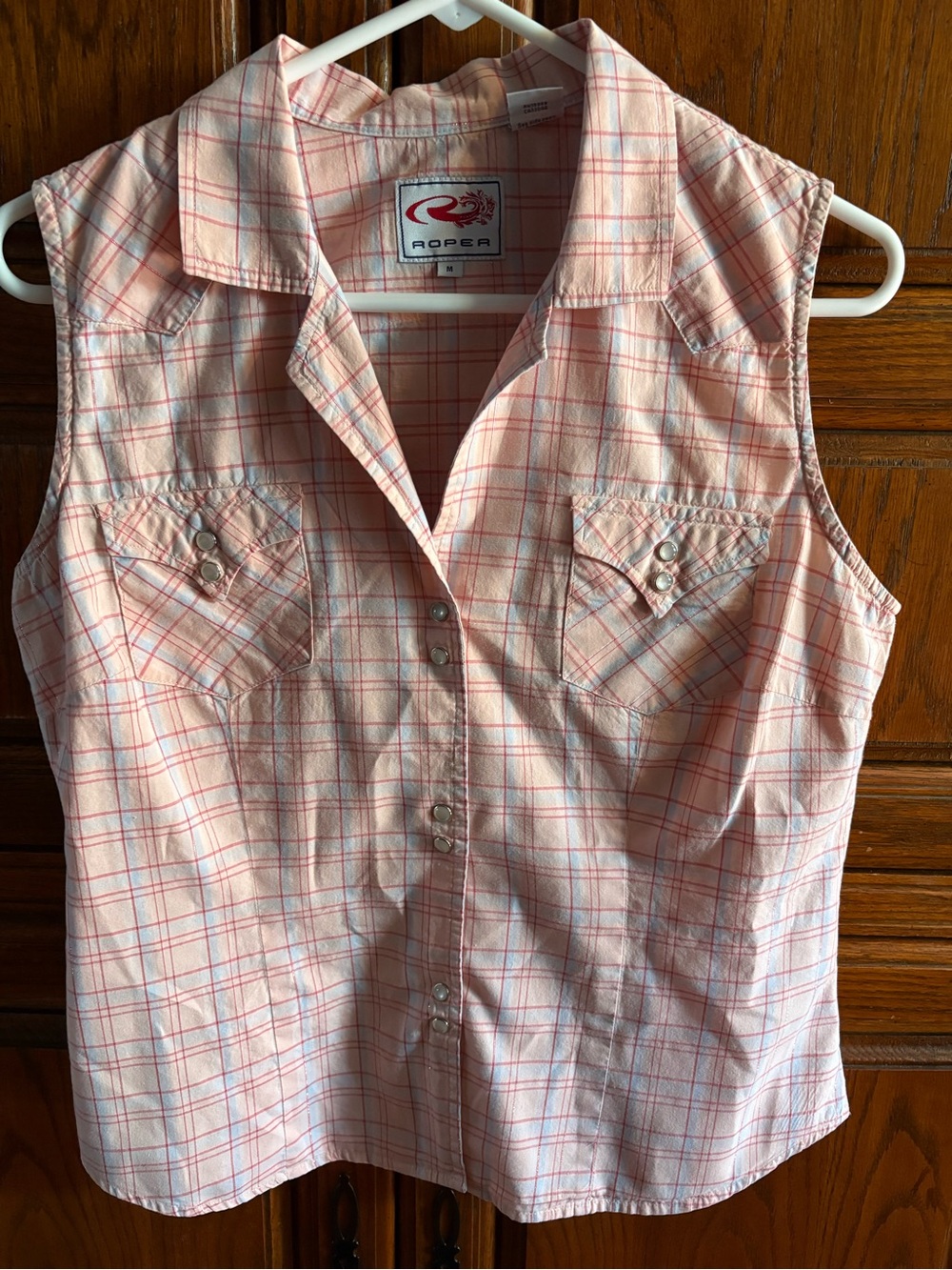 Roper Peach and White Plaid Sleeveless Snap-Front Shirt